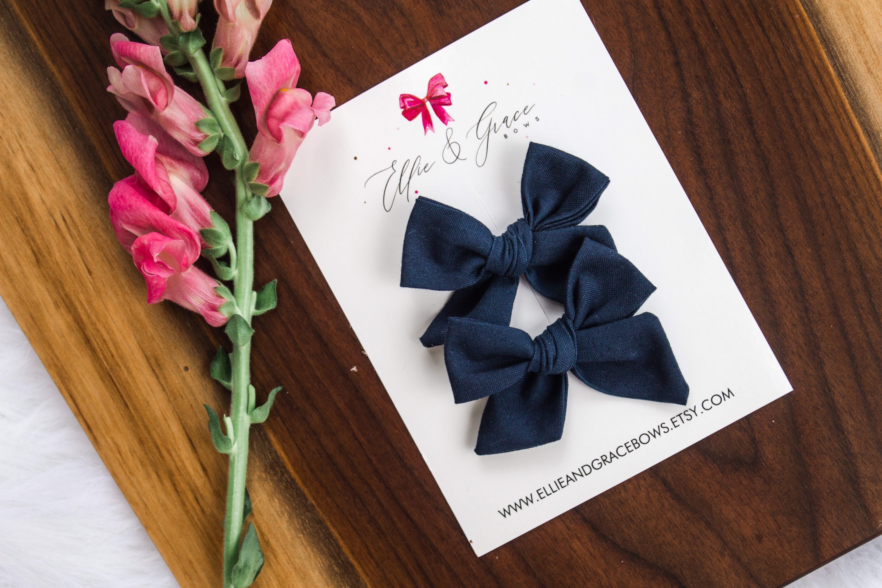 Navy Blue Hair Bows - Pigtail Bow Set - 100% Cotton Fabric Alligator …
