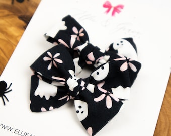 Black and Pink Ghost Hair Bows - Pinwheel Hair Bows - Pigtail Bow Set