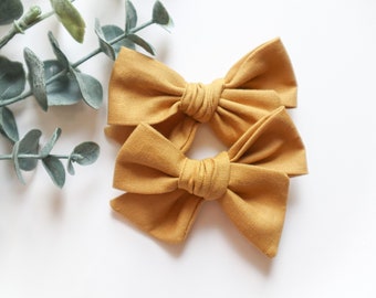 Gold Cotton Fabric Pigtail Bow Set - Baby Girl Headband - Fall Baby Bows - Alligator Clip Bows - Thanksgiving Bows - Toddler Girl Hair Clips