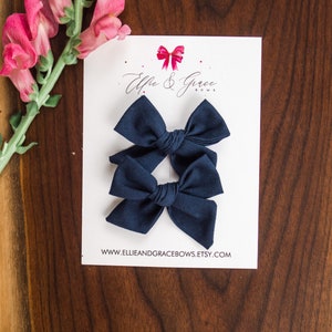 Navy Blue Hair Bows Pigtail Bow Set 100% Cotton Fabric Alligator Clip Bows Pigtail Clips Toddler Girl Hair Clips image 3