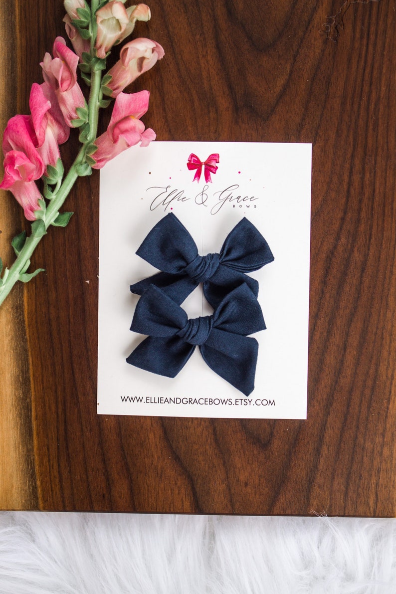 Navy Blue Hair Bows Pigtail Bow Set 100% Cotton Fabric Alligator Clip Bows Pigtail Clips Toddler Girl Hair Clips image 3