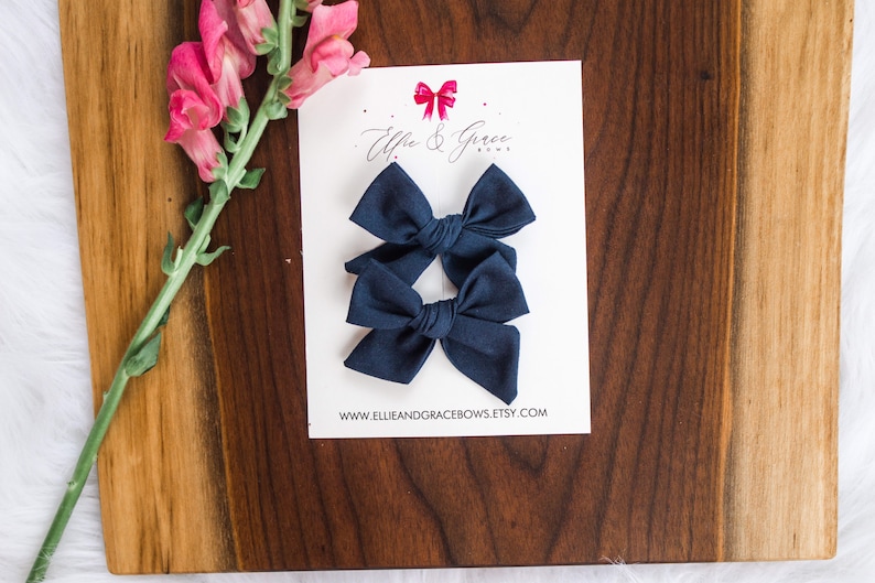 Navy Blue Hair Bows Pigtail Bow Set 100% Cotton Fabric Alligator Clip Bows Pigtail Clips Toddler Girl Hair Clips image 8