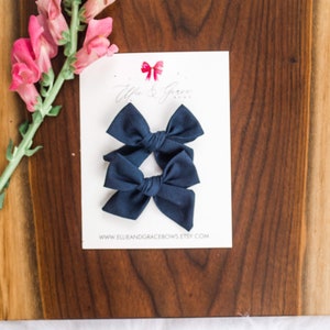 Navy Blue Hair Bows Pigtail Bow Set 100% Cotton Fabric Alligator Clip Bows Pigtail Clips Toddler Girl Hair Clips image 6