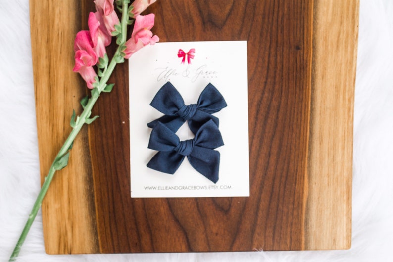 Navy Blue Hair Bows Pigtail Bow Set 100% Cotton Fabric Alligator Clip Bows Pigtail Clips Toddler Girl Hair Clips image 6