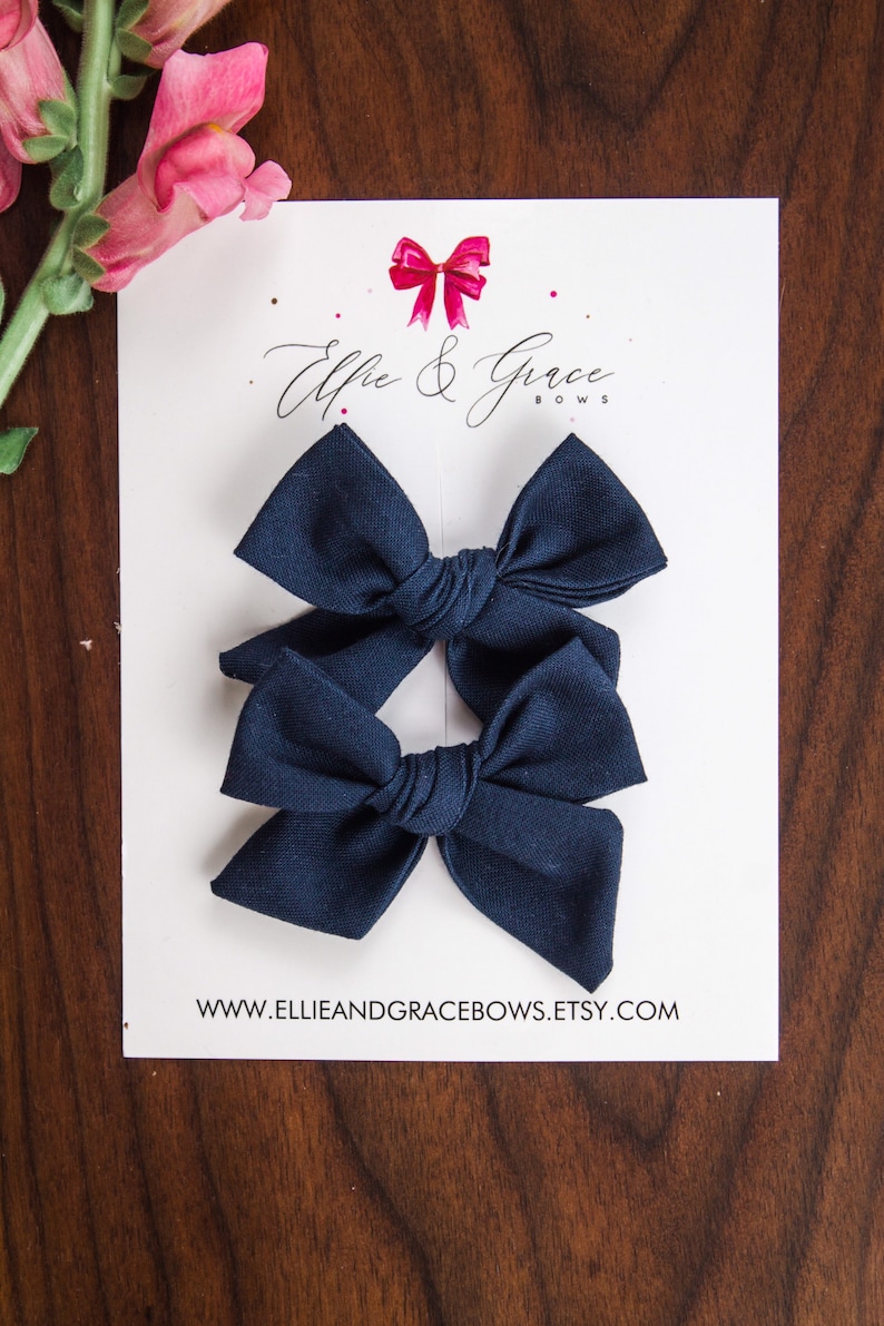 Navy Blue Hair Bows Pigtail Bow Set 100% Cotton Fabric Alligator Clip Bows Pigtail Clips Toddler Girl Hair Clips image 9