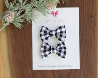 Black and White Buffalo Plaid Pigtail Bow Set - Christmas Bows - Hair Bows - Toddler Girl Hair Clips