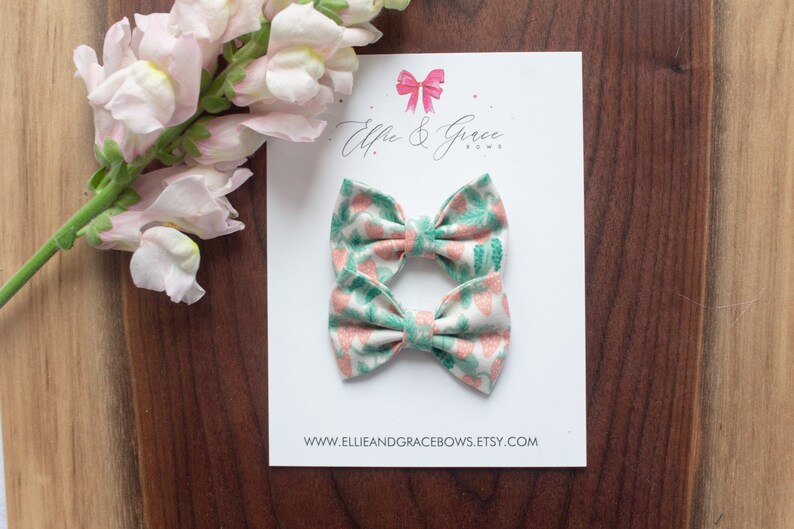 Red Strawberry Classic Hair Bows - Pigtail Bow Set - Baby Bows - Summer Outfit - Cotton Fabric Alligator Clip Bows