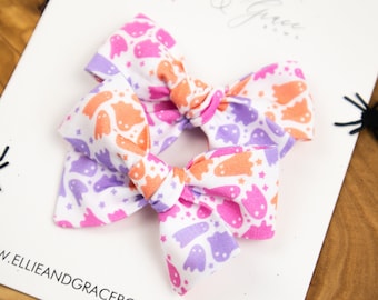 Orange and Purple Ghost Halloween Bow - Pink Pigtail Bows - Cotton Fabric Pinwheel Baby Bow