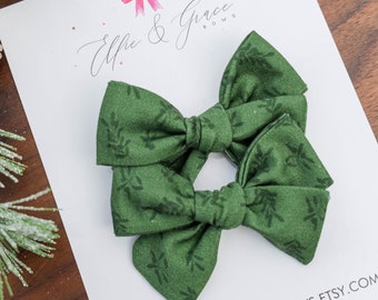 Green Flower Christmas Bows - Pigtail Bow Set - Cotton Fabric Alligator Clip Bows