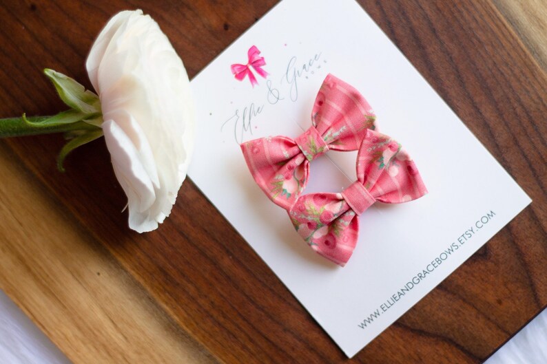 Pink Floral Pigtail Bow Set - Cotton Fabric Hair Bows - Toddler Girl Hair Clips - Bows for Girls - Easter Hair Bows
