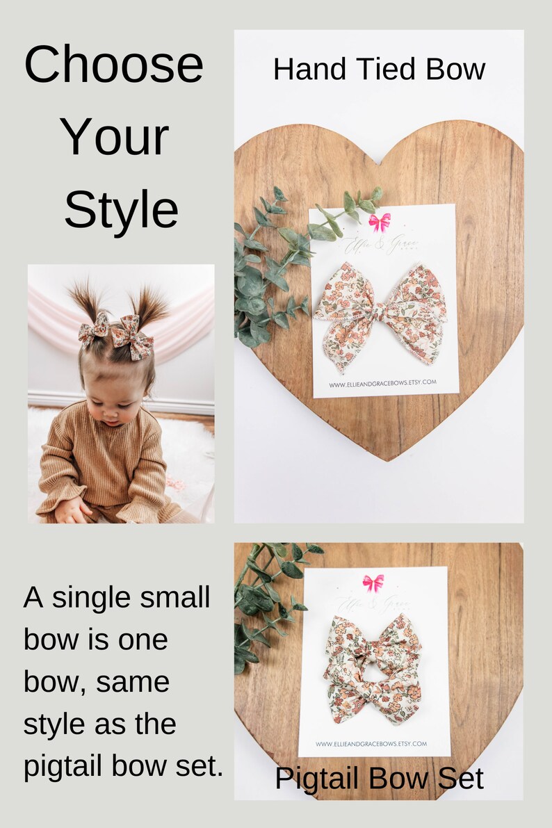 Neutral Flower Bows for Girls Bows with Flowers Pigtail Bow Set image 2