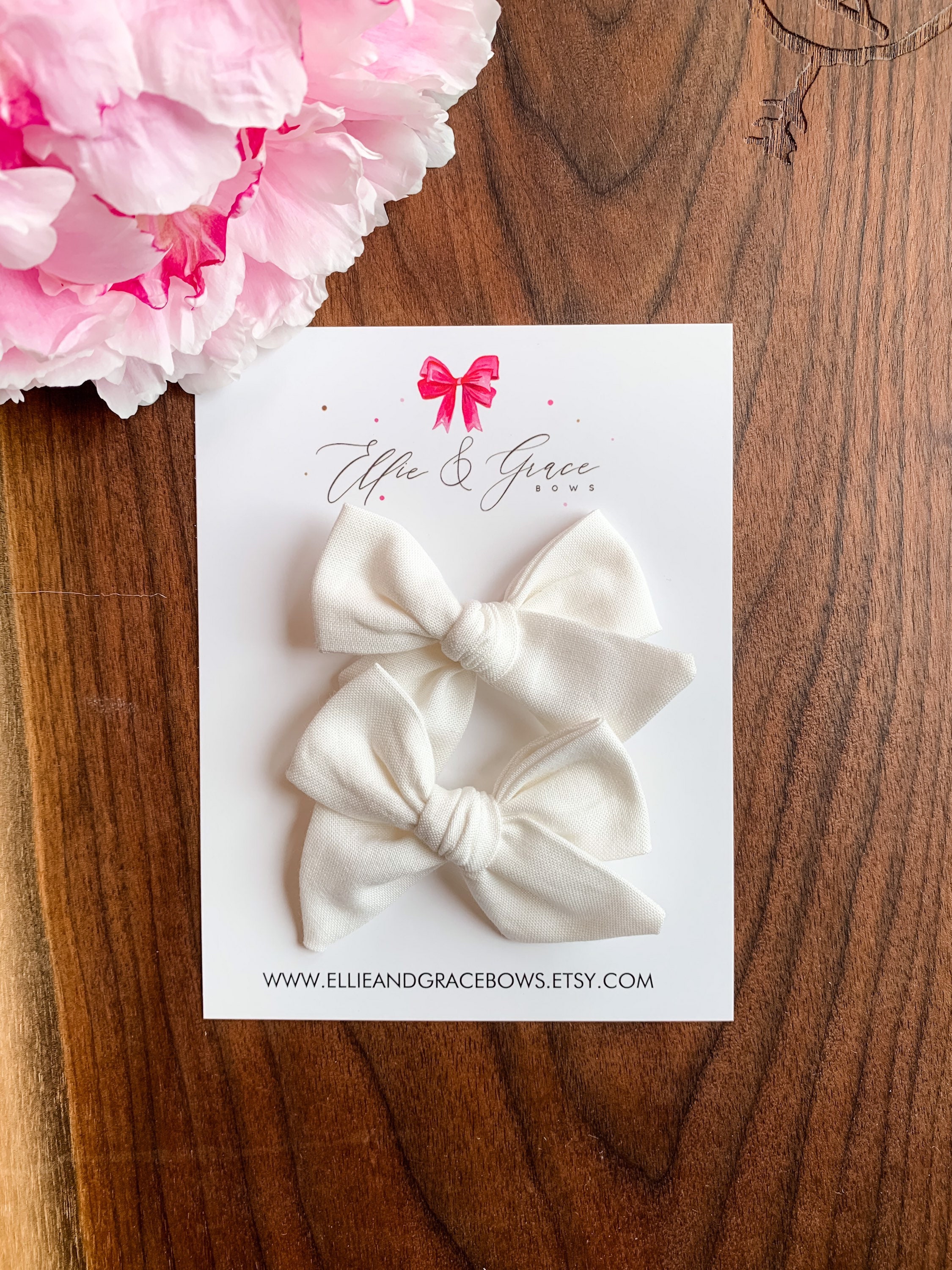 Cream Cotton Fabric Pigtail Bow Set - Bows for Girls - Alligator Clip Bows - Toddler Girl Hair Clips - Barrettes and Clips