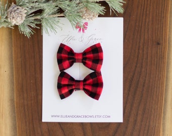 Buffalo Plaid Christmas Bows - Pigtail Bow Set - Toddler Girl Hair Clips - Hair Bows for Girls