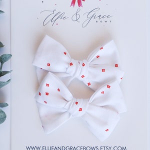 Red and White Canada Day Bows Cotton Fabric Pigtail Bow Set Baby Bow Set Toddler Girl Hair Clips Hair Bow Set image 1