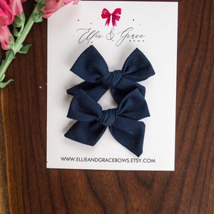 Navy Blue Hair Bows Pigtail Bow Set 100% Cotton Fabric Alligator Clip Bows Pigtail Clips Toddler Girl Hair Clips image 7