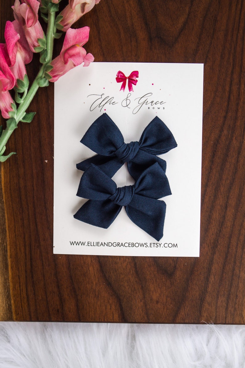 Navy Blue Hair Bows Pigtail Bow Set 100% Cotton Fabric Alligator Clip Bows Pigtail Clips Toddler Girl Hair Clips image 7