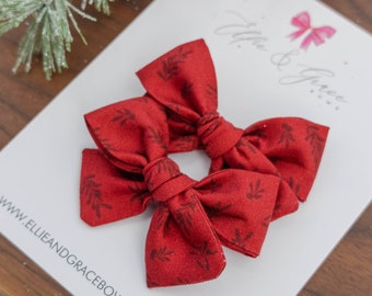 Red Floral Bows for Girls - Pigtail Bow Set - Hair Bow Set