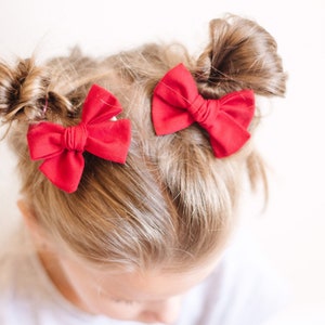 Red Christmas Pigtail Bow Set - Cotton Fabric Baby Bows - Toddler Girl Hair Clips - Bows for Girls