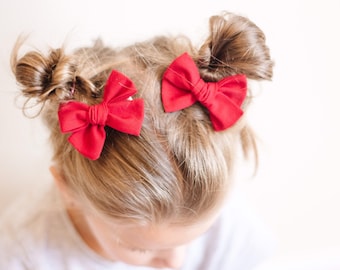 Red Christmas Pigtail Bow Set - Cotton Fabric Baby Bows - Toddler Girl Hair Clips - Bows for Girls