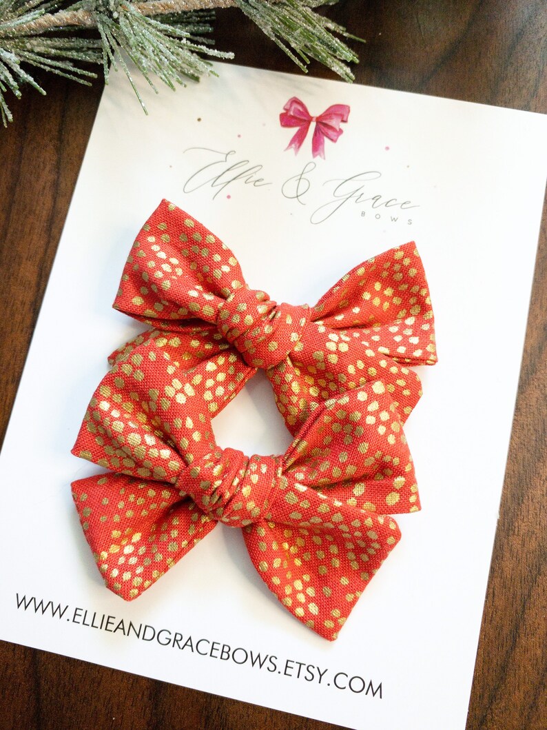 Red and Gold Polka Dot Hair Bow - Gold Metallic Cotton Fabric Alligator Clip Bows - Pigtail Bow Set - Christmas Outfit - Barrettes and Clips