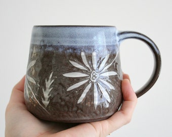Handmade Pottery Flower Mug: 12-14 ounces