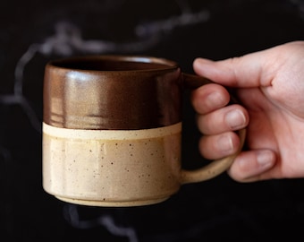 Handmade Pottery Mug | Beige + Brown: 12 ounces