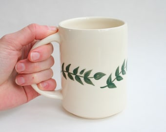 Handmade Ceramic Mug with Green Foilage : 12 ounces
