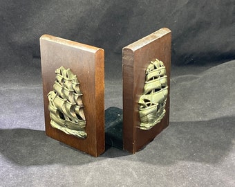 Brass and Wood Clipper Book Ends, Solid Wood Bookends, Brass Sailing Ship Bookends