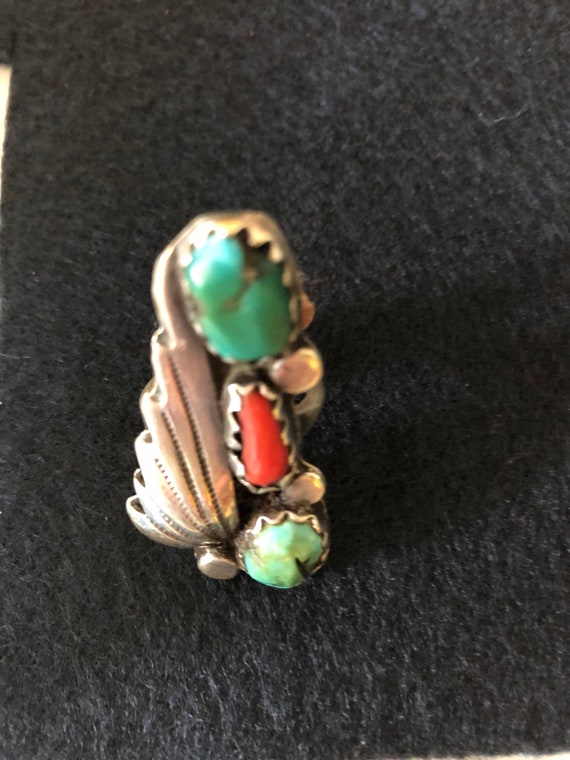 Turquoise Coral Ring, Native American Pinkie Ring,