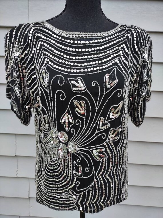 Vintage Black and Silver Sequin Blouse 1980’s Exc… - image 2