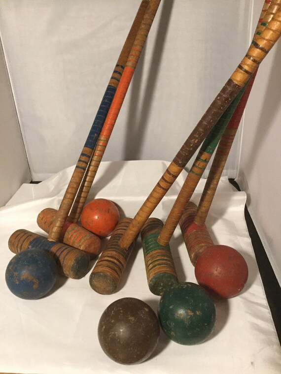 5 Piece Vintage Wooden Croquet Set Antique Wood Mallets And 1950s Person