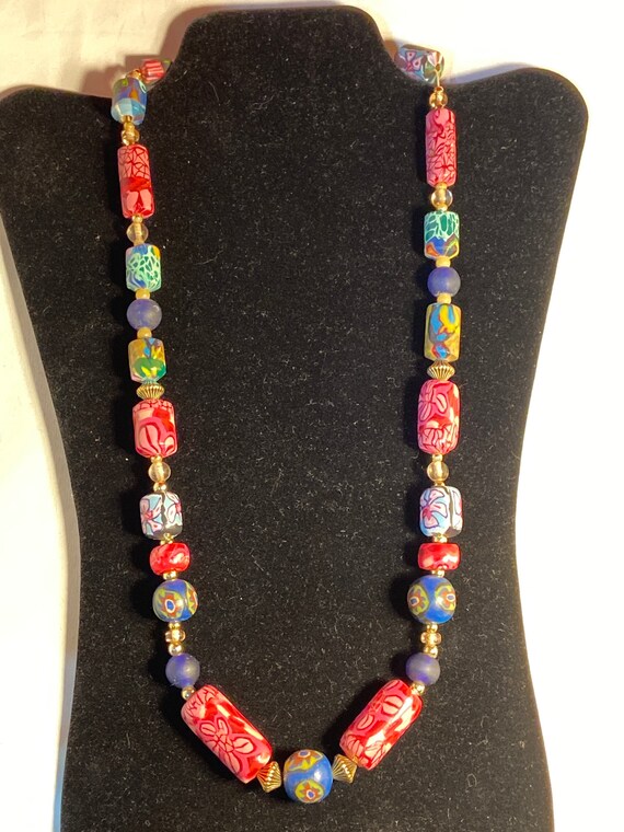 Vintage Polymer Clay Beads Necklace, Handmade Brig