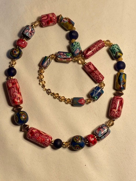 Vintage Polymer Clay Beads Necklace, Handmade Bright … Gem