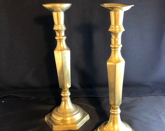 Brass Faceted Candlesticks, Vintage Brass Candlesticks, Pair Brass Candlesticks