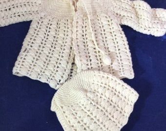 Vintage Infant Crochet Set for Baby, Sweater and Hat Set