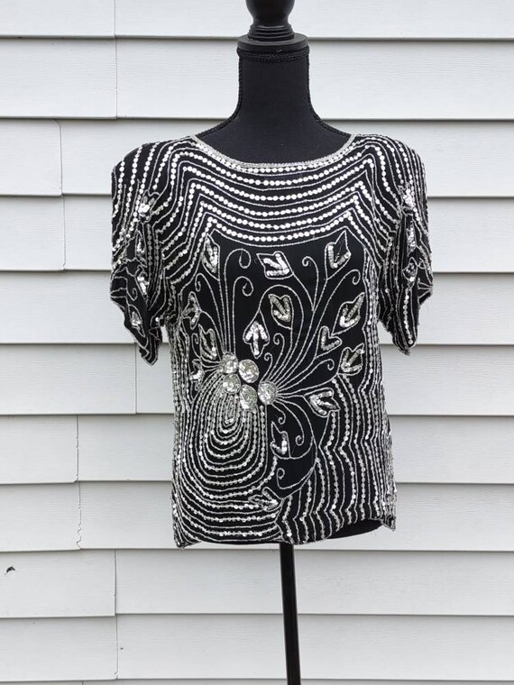 Vintage Black and Silver Sequin Blouse 1980’s Exc… - image 1