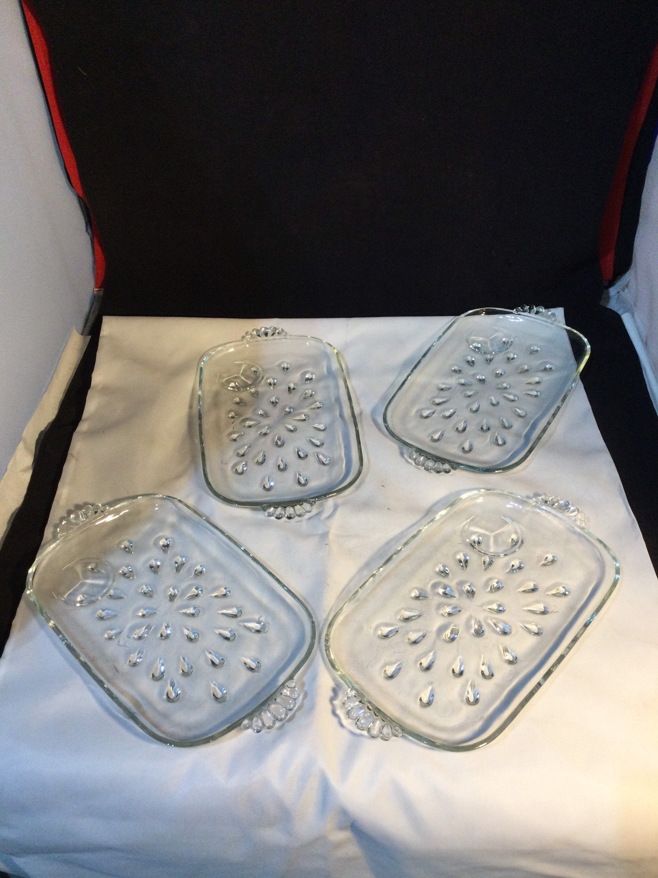 Vintage Glass Snack Tray, Tear Drop Pressed Glass Tray, Set of 4 Trays