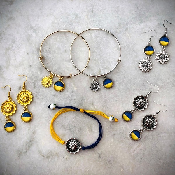 Ukraine Flag Bracelet - Support Ukraine - Ukraine Jewelry - I stand with Ukraine - Ukraine Flag and Sunflower Charm Bracelets and Earrings