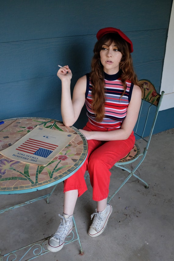 1960s Mock Neck Striped Knit Top