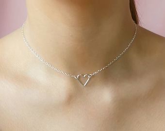 925 Sterling Silver heart necklace, tiny open heart charm, dainty choker, heart choker, minimalist jewelry, dainty, gift for friend, mother