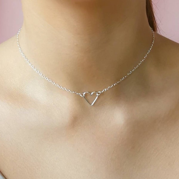 925 Sterling Silver heart necklace, tiny open heart charm, dainty choker, heart choker, minimalist jewelry, dainty, gift for friend, mother