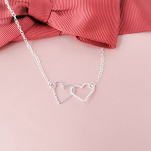 Silver heart necklace, 925 Sterling silver, open double heart, dainty charm, linked interlocking hearts, minimalist jewelry, gift for mother