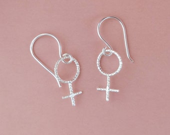 Female symbol earrings, 925 sterling silver, Venus earrings, feminine symbol, dainty minimal jewelry, dangle, Christmas gift for her, women