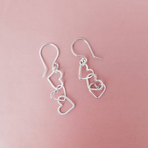 Silver heart earrings, dangle, 925 Sterling silver, open interlocked hearts, dainty, minimalist jewelry, linked mixed heart, gift for friend