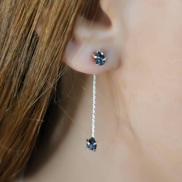 Raw black Diamond earrings, interchangeable dangle bar earrings with studs, 925 Sterling silver, genuine diamond,  Christmas gift idea her