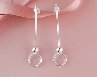 Silver circle modern earrings, geometric minimal jewelry, 925 sterling silver, long open circle, bar earrings, contemporary, stocking filler