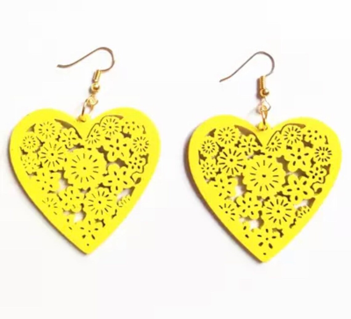 Wooden Heart Earrings Heart Dangle Earrings Natural Wood Etsy