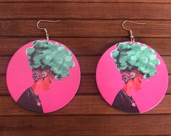 Afro African Girl Wooden Earrings, **DOUBLE SIDED** Earrings Afrocentric Jewelry, African Earrings, Nickel Free, Hypoallergenic