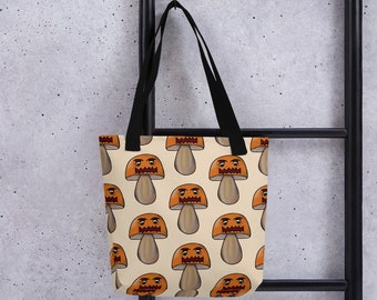 Mushroom Angry Pattern Groovy Funky Tote Bag Tan