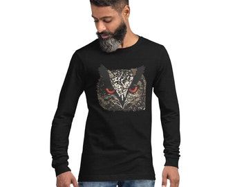 Owl Fierce Eyes Woodland Forest Horned Owl Male Female Unisex Long Sleeve Tee